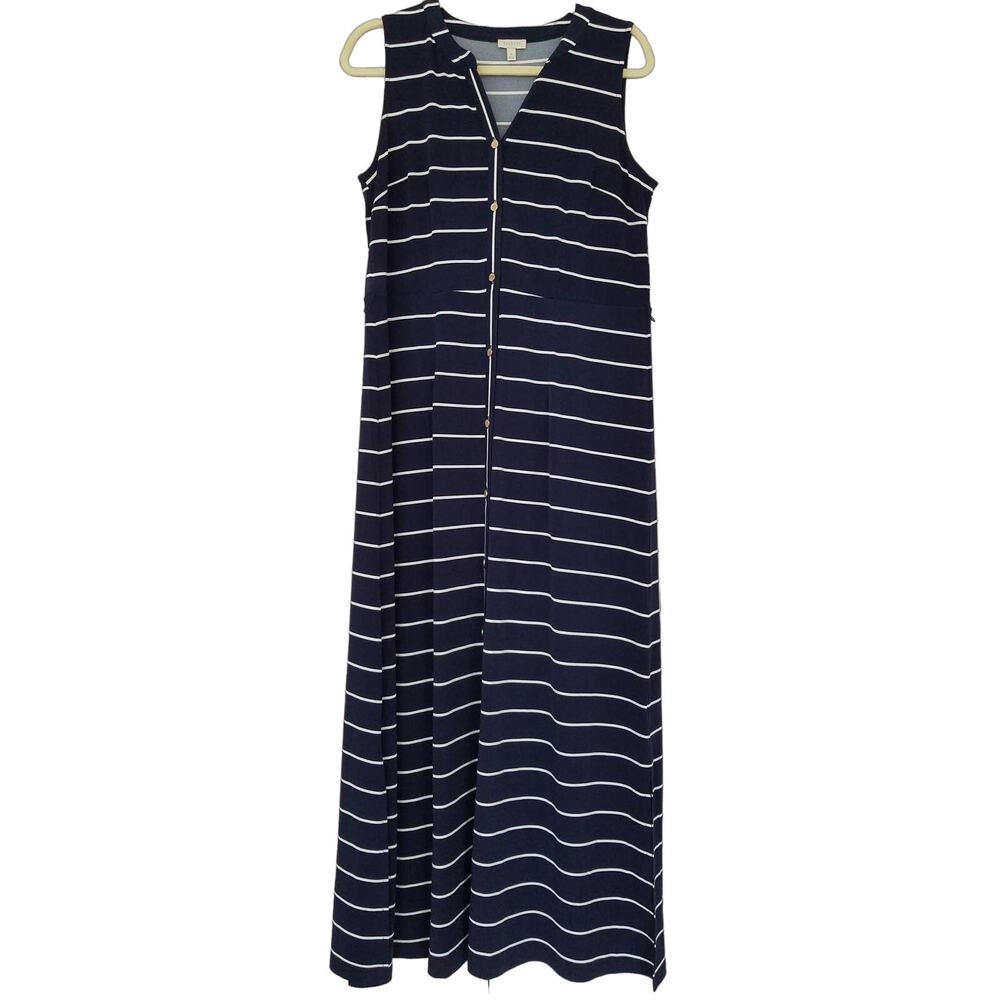 Talbots Sleeveless Knit Button Front Maxi Dress Navy White Stripe Medium